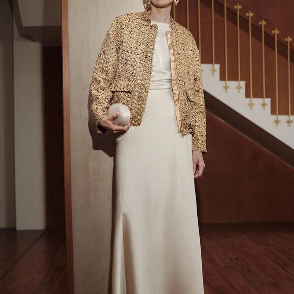 MODA ME COUTURE Jackets & Blazers - Gold Women's Casual Luxury Shiny Coarse Yarn Bomber Jacket With Sequin Decor